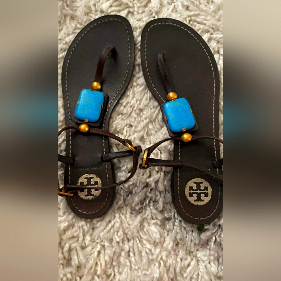 Tory Burch Designer Leather Turquoise Stone Sandals Size 7.5
